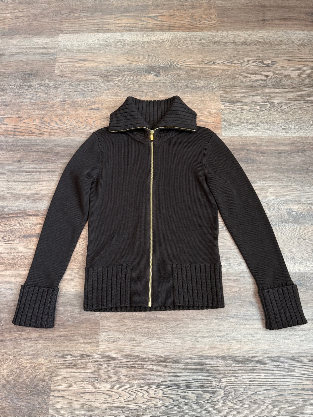 Dana Buchman Merino Wool Zip Up Sweater Ribbed Collar Black Medium